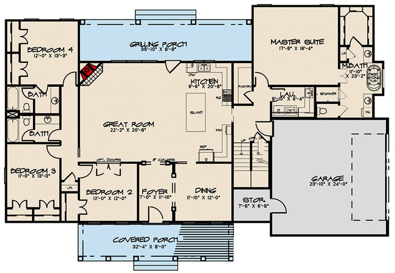 Plan 70604SND: Traditional Farmhouse with Two Bonus Rooms Over Garage - 3421 Sq Ft - Floor Plan - Main Level - Country, Farmhouse, New American, Southern, Traditional