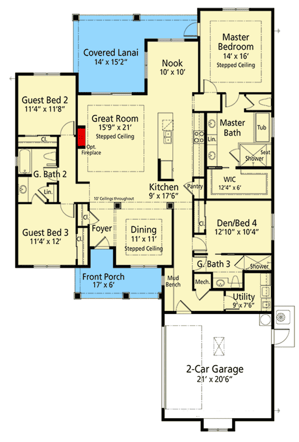 Plan 33223ZR: Enchanting Open-Concept Single-Story Home Plan  - Floor Plan - Main Level - Craftsman, Florida-Style, Ranch, Southern