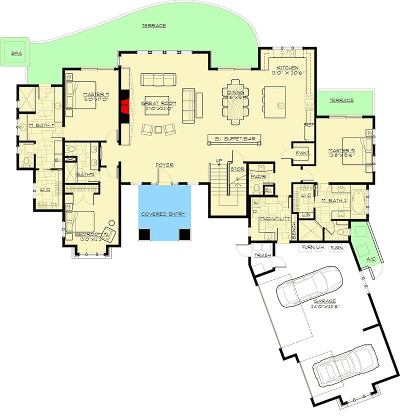Plan 54235HU: Stunning Mountain Craftsman Retreat with Two Master Suites and Bunk Room - Floor Plan - Main Level - Country, Craftsman, Mountain, Northwest, Rustic