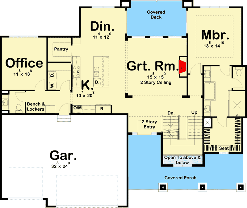 Plan 62742DJ: Family-Friendly House Plan with 2-Story Ceilings - Floor Plan - Main Level - Country, Farmhouse, New American