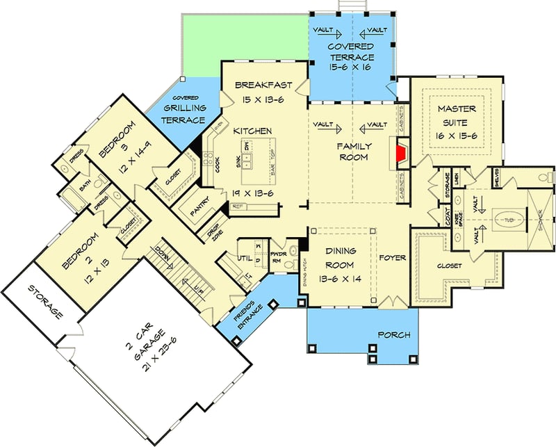 Plan 360020DK: Angled Craftsman House Plan with Vaulted Family Room and Bonus Over Garage - 2924 Sq FT - Floor Plan - Main Level - Craftsman, Mountain, Northwest