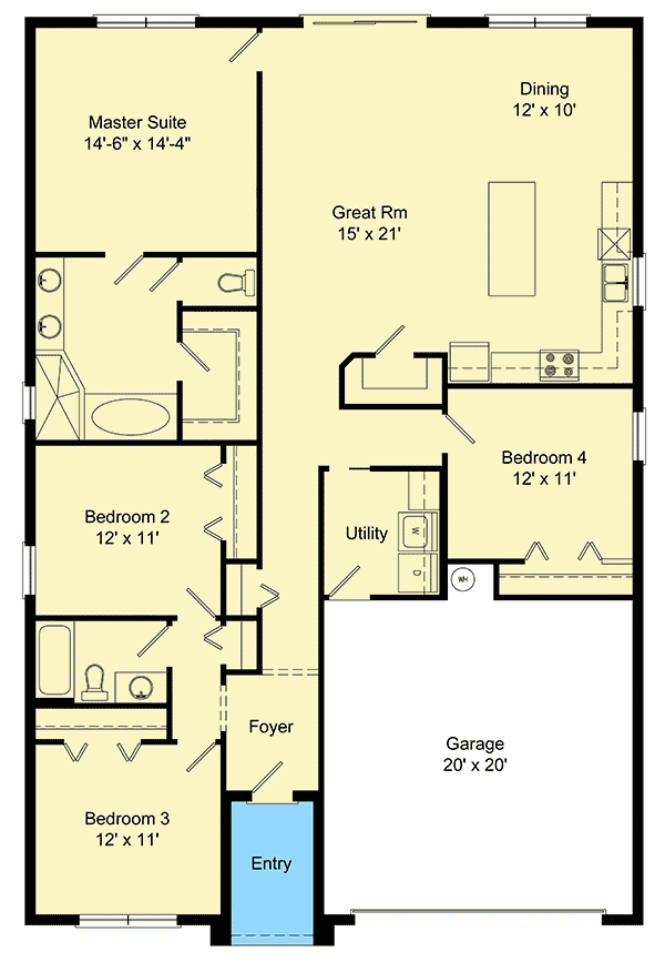 Plan 64308BT: 4-Bed Southern Traditional Plan - Floor Plan - Main Level - Craftsman, Florida-Style, Traditional