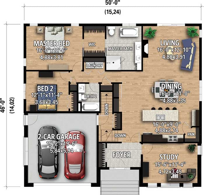 Plan 80935PM: Contemporary 2-Bed Home Plan with 2-Car Garage - Floor Plan - Main Level - Contemporary, Northwest, Prairie