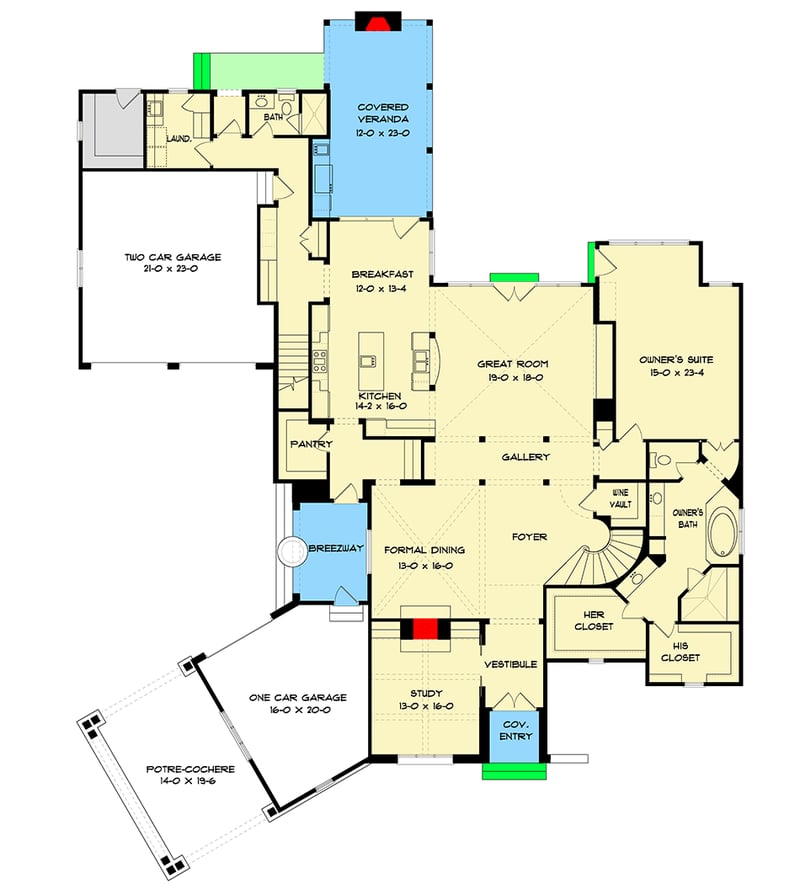 Plan 93104EL: Exclusive 4-Bed European House Plan with Media Room - Floor Plan - Main Level - European, French Country, Tudor