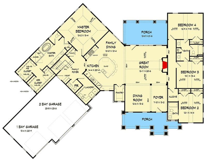 Plan 360025DK: 4-Bed Craftsman Home Plan with Upstairs Expansion - Floor Plan - Main Level - Craftsman, New American, Traditional