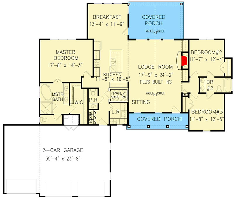 Plan 25658GE: One-Story New American House Plan with 3-Car Garage - Floor Plan - Main Level - Country, New American, Ranch, Southern