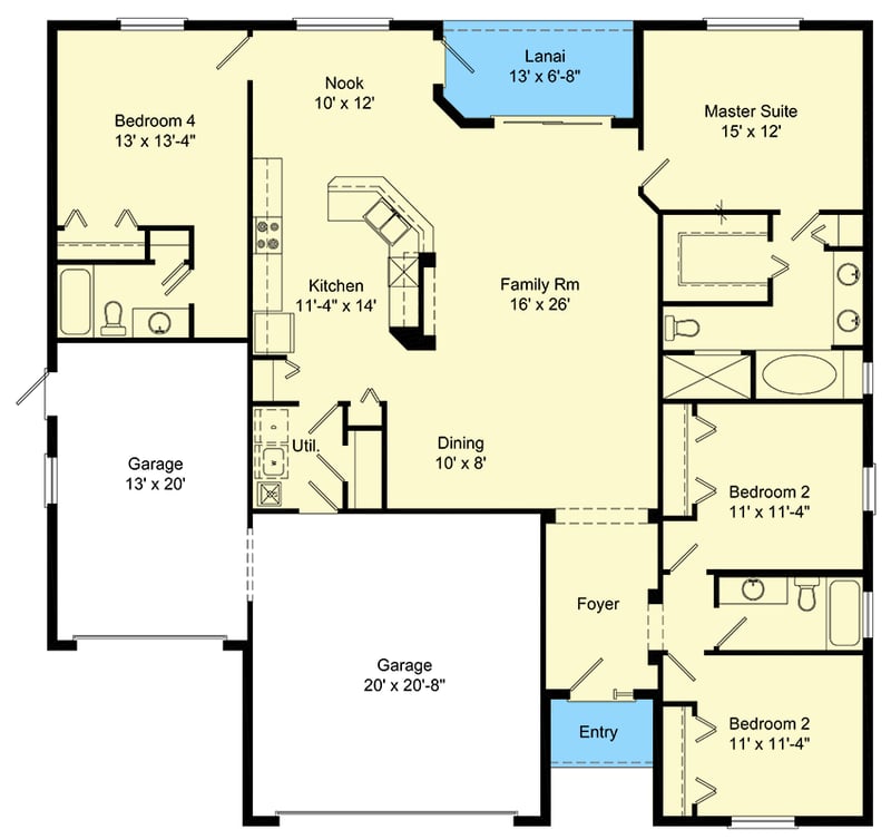 Plan 64317BT: Mediterranean 4-Bedroom Ranch House Plan with 3-Car Garage - Floor Plan - Main Level - Florida-Style, Mediterranean, Ranch, Traditional