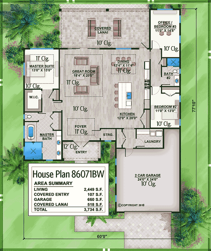 Plan 86071BW: Lovely 3-Bed One-Story House Plan with Covered Lanai - Floor Plan - Main Level - Coastal, Florida-Style, Southern