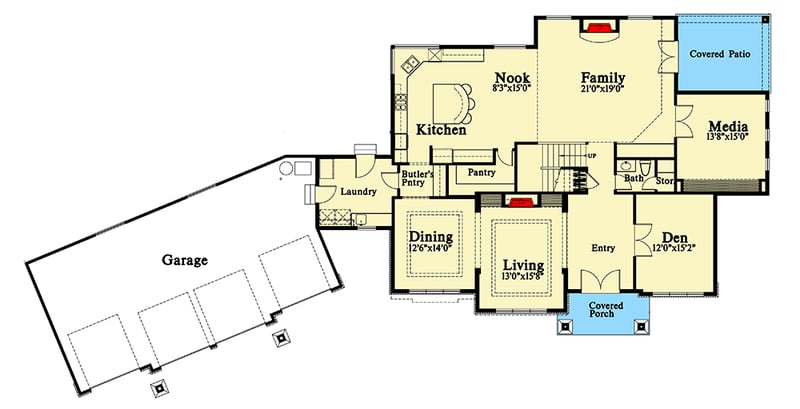 Plan 785009KPH: Craftsman 4-Bed House Plan with 4-Car Garage and Media Room - Floor Plan - Main Level - Craftsman, New American, Northwest, Traditional