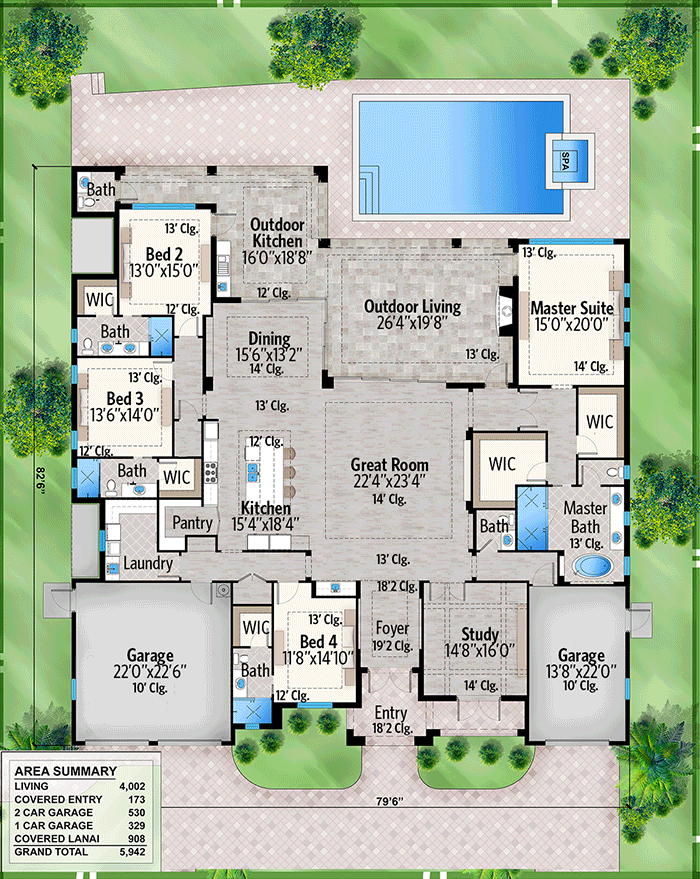 Plan 86074BW: Gorgeous 4-Bed Contemporary House Plan with Expansive Covered Lanai - Floor Plan - Main Level - Coastal, Contemporary, Florida-Style, Southern, Vacation