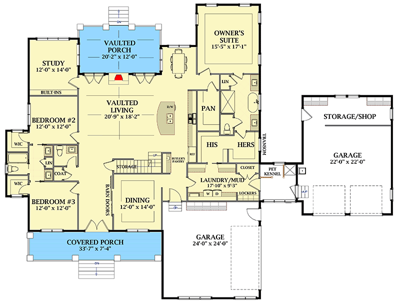 Plan 46370LA: Exclusive 5-Bed Modern Farmhouse Plan Front-Facing Garage - Floor Plan - Main Level - Farmhouse