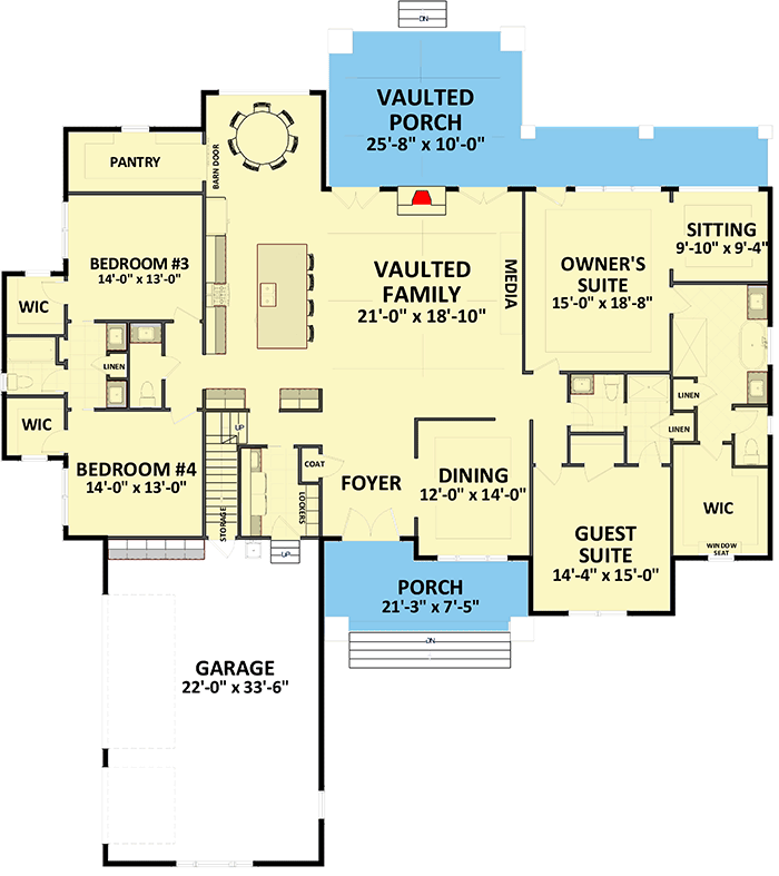 Plan 46371LA: Beautiful 4-Bed Farmhouse Plan with 3-Car Garage - Floor Plan - Main Level - Country, Farmhouse, New American