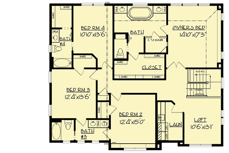 Plan 73399HS: 4-Bed New American House Plan With Lower Level Expansion - 3139 Sq Ft - Floor Plan - Second Level - Country, Craftsman, Northwest