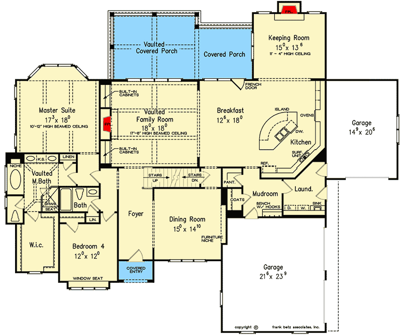 Plan 710034BTZ: 2-Story Traditional House Plan with Vaulted Family Room - Floor Plan - Main Level - Southern, Traditional