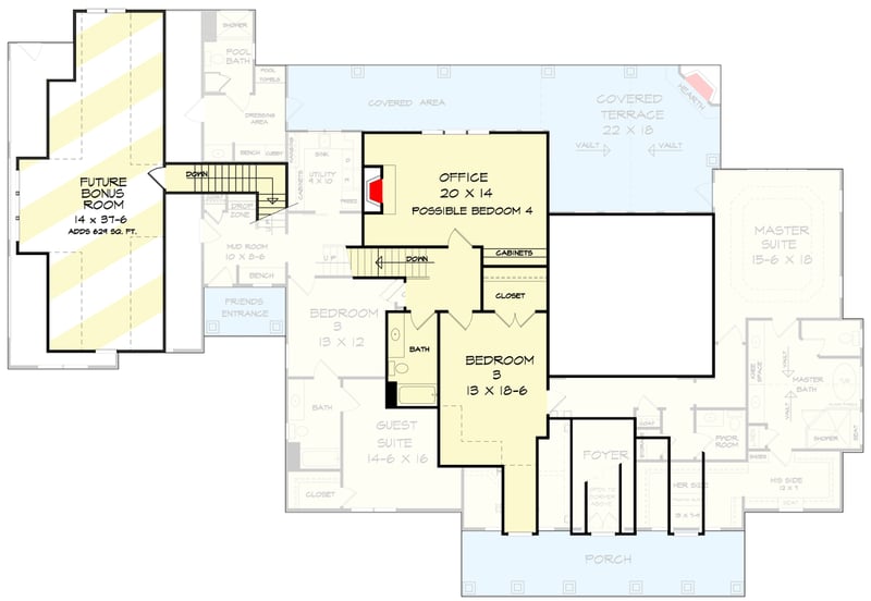 Plan 360026DK: Country Home Plan with Bonus Space Above Garage - Floor Plan - 2nd Floor - Craftsman, New American, Southern, Traditional