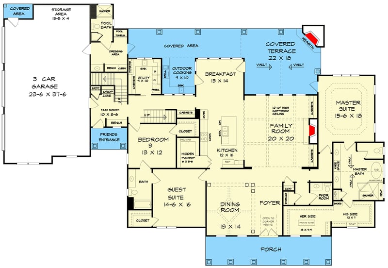 Plan 360026DK: Country Home Plan with Bonus Space Above Garage - Floor Plan - Main Level - Craftsman, New American, Southern, Traditional