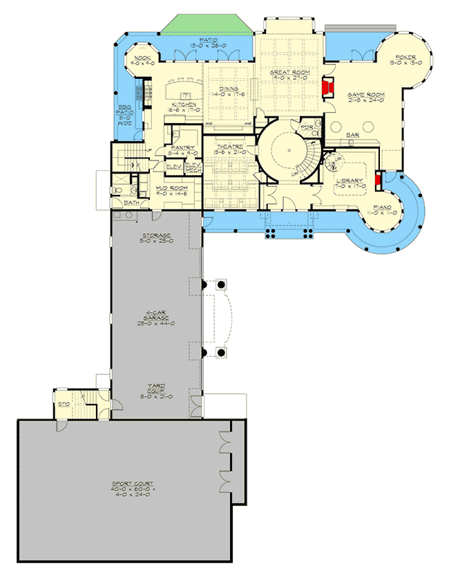 Plan 23801JD: Luxury Newport-Style House Plan with Sport Court - Floor Plan - Main Level - Coastal, Craftsman, Northwest, Shingle