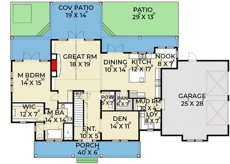 Plan 280029JWD: 4-Bed Modern Farmhouse with Large Bonus Room - Floor Plan - Main Level - Country, Farmhouse, Modern Farmhouse, New American, Traditional