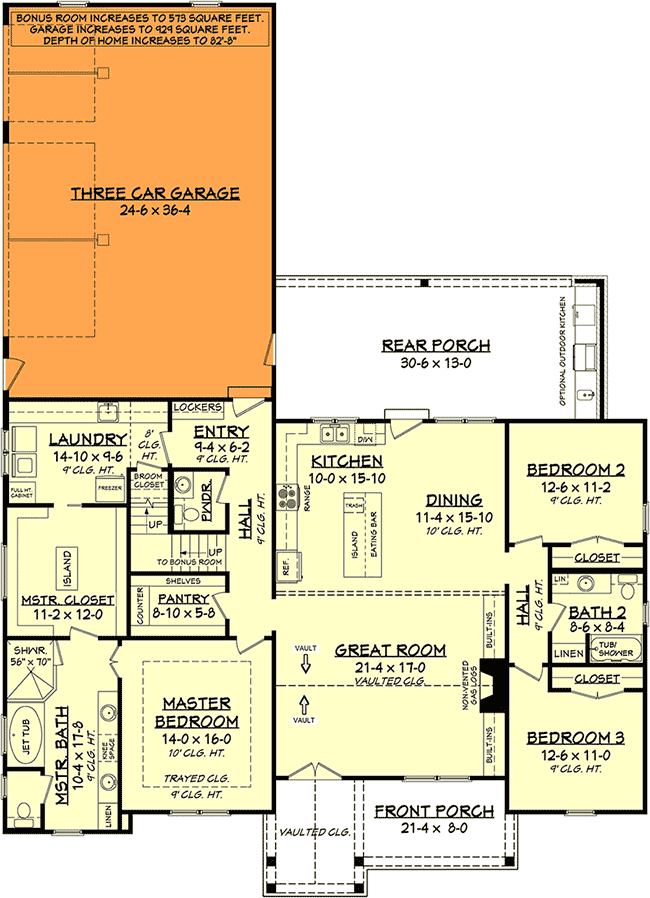 Plan 51796HZ: Country Craftsman House Plan with Split Bedroom Layout - 2201 Sq Ft - Floor Plan - 3-Car Garage Option (929 sq. ft.) - Country, Craftsman