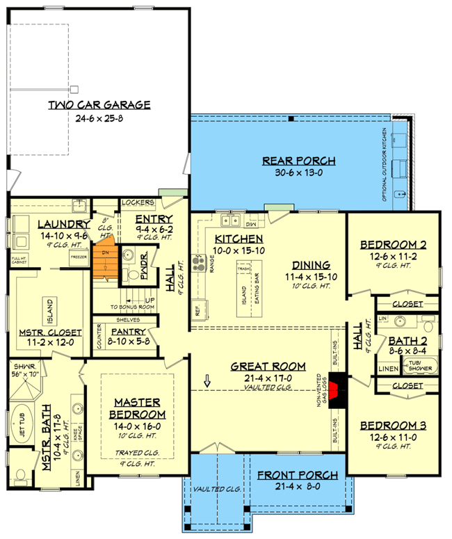 Plan 51796HZ: Country Craftsman House Plan with Split Bedroom Layout - 2201 Sq Ft - Floor Plan - Basement Stair Location - Country, Craftsman