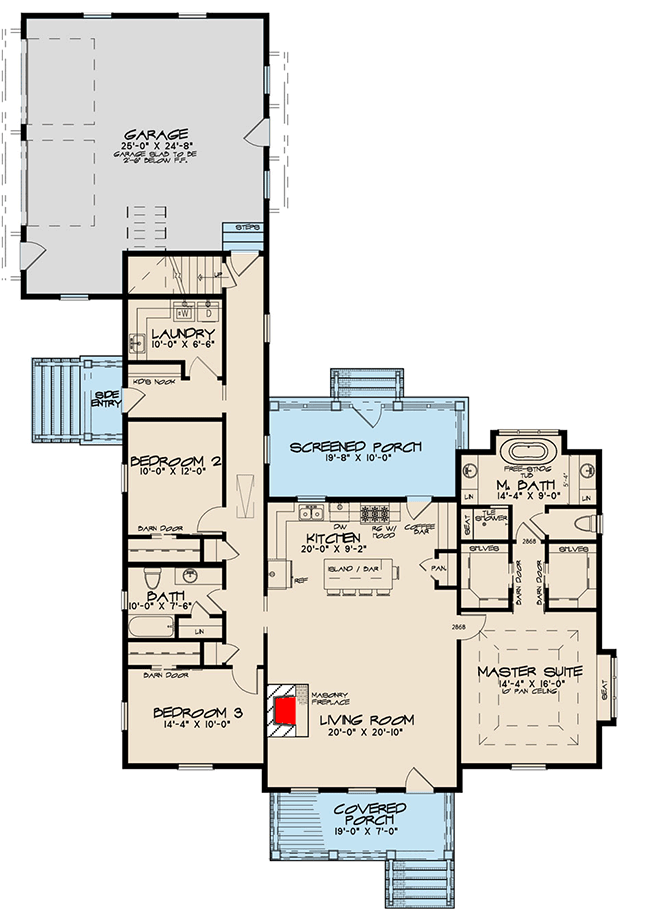 Plan 70616SND: Gorgeous Bungalow House Plan with Bonus Office Above Garage - 2430 Sq Ft - Floor Plan - Main Level - Country, Southern, Traditional