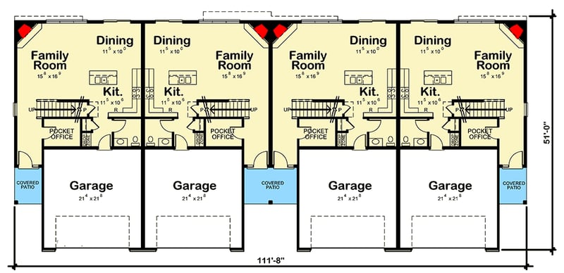 Plan 42570DB: 4-Family House Plan with Upstairs Bedrooms - Floor Plan - Main Level - Cottage, Country, Craftsman, Traditional