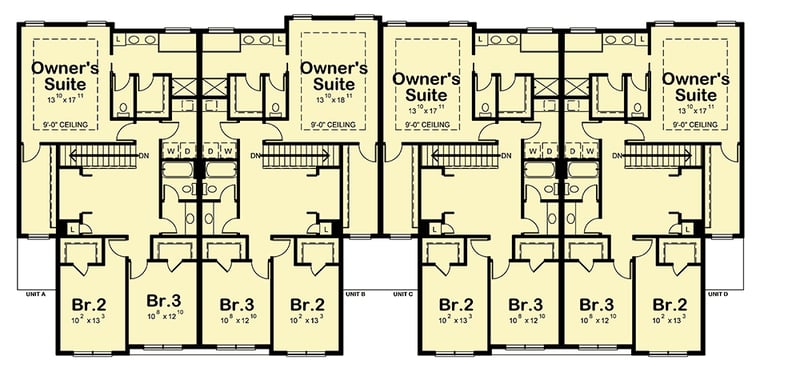 Plan 42570DB: 4-Family House Plan with Upstairs Bedrooms - Floor Plan - 2nd Floor - Cottage, Country, Craftsman, Traditional