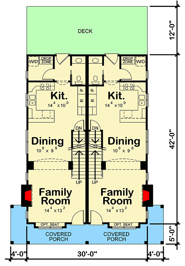Plan 42571DB: Country Farmhouse 2-Family House Plan with Shared Front Porch - 1291 Sq Ft Units 2 Bed Units - Floor Plan - Main Level - Country, Farmhouse