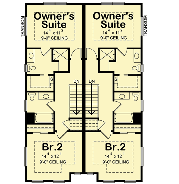 Plan 42571DB: Country Farmhouse 2-Family House Plan with Shared Front Porch - 1291 Sq Ft Units 2 Bed Units - Floor Plan - 2nd Floor - Country, Farmhouse