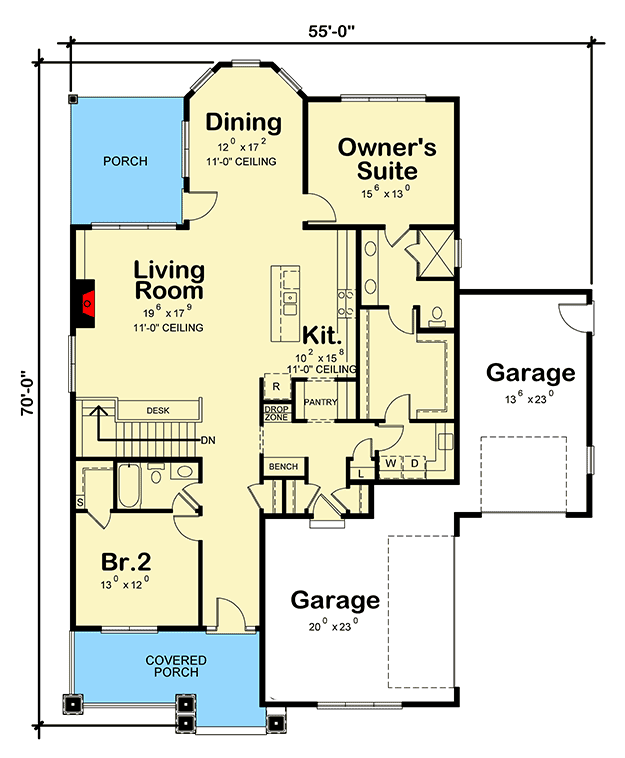 Plan 42577DB: One-Level House Plan with 3-Car Garage - Floor Plan - Main Level