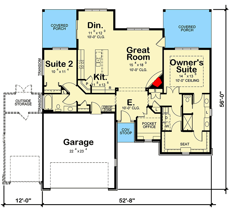 Plan 42573DB: 2-Bed Home Plan with Open Living Space - Floor Plan - Main Level - Craftsman, Traditional
