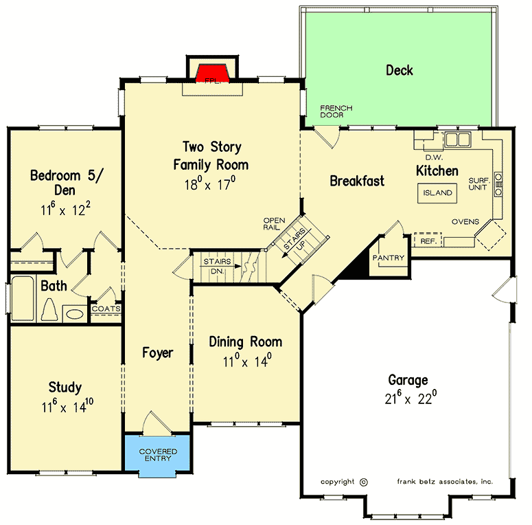 Plan 710150BTZ: 2-Story Brick House Plan with Upstairs Laundry - Floor Plan - Main Level - European, Southern, Traditional