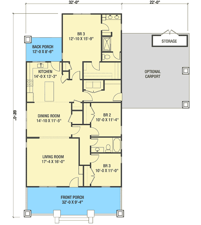 Plan 50168PH: Cozy Beach House Plan with Optional Carport - Floor Plan - Main Level - Bungalow, Cottage, Craftsman