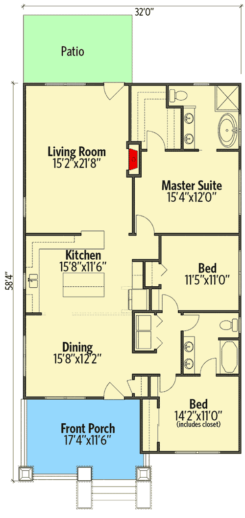 Plan 50170PH: Beach Bungalow Plan with Split Beds - Floor Plan - Main Level - Bungalow, Coastal, Cottage, Craftsman