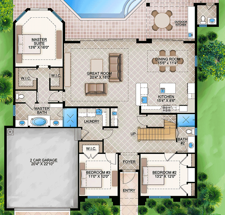 Plan 65620BS: 5-Bed Spanish-Style Home Plan with Main-Level Master - Floor Plan - Main Level - Florida-Style, Mediterranean