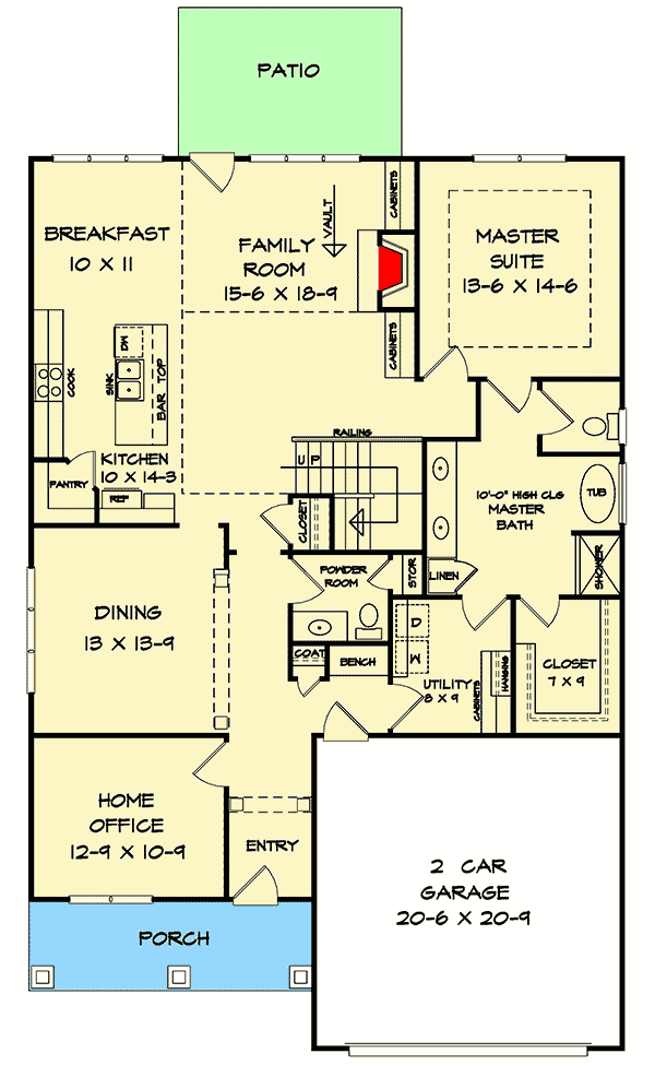 Plan 360035DK: Two-Story Craftsman House Plan with Office and Main-Level Master - Floor Plan - Main Level - Craftsman, New American, Traditional