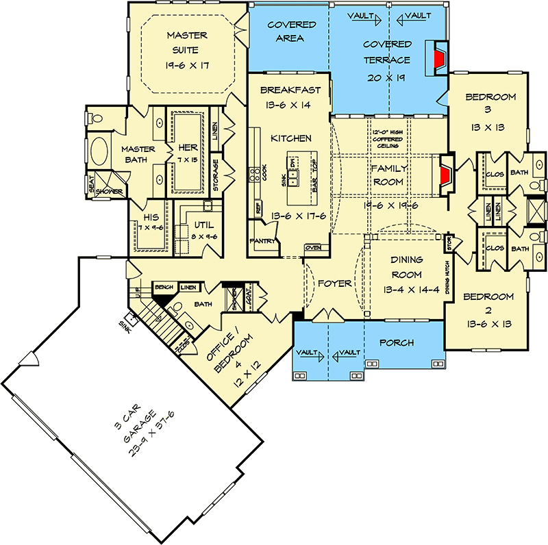 Plan 360043DK: Designer Mountain Craftsman House Plan II with 3-Car Garage - Floor Plan - Main Level - Craftsman, Mountain, New American, Traditional