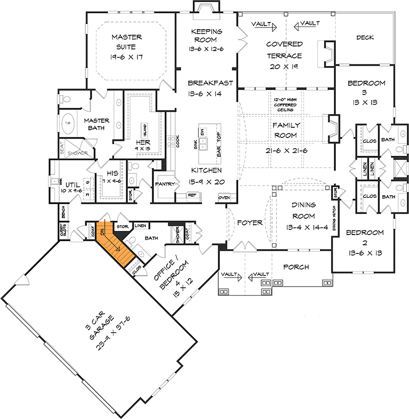 Plan 360044DK: Designer Mountain Craftsman House Plan II - 3736 Sq Ft - Floor Plan - Basement Stairs - Country, Craftsman, Mountain, New American