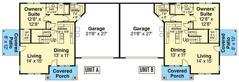Plan 72947DA: Duplex House Plan with Garage Separation - 3 Bedroom 1436 Sq Ft Units - Floor Plan - Main Level - Craftsman, Northwest, Traditional