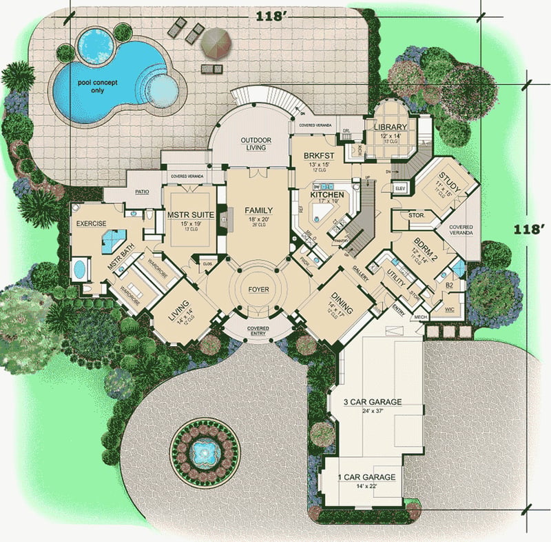 Plan 36564TX: Luxurious Mediterranean House Plan with Grand Two-Story Foyer and Family Room - Floor Plan - Main Level - European, Mediterranean