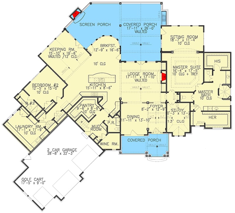 Plan 25668GE: Mountain Craftsman Home Plan with Front-Facing Garage - Floor Plan - Main Level - Country, Craftsman, Mountain, Rustic
