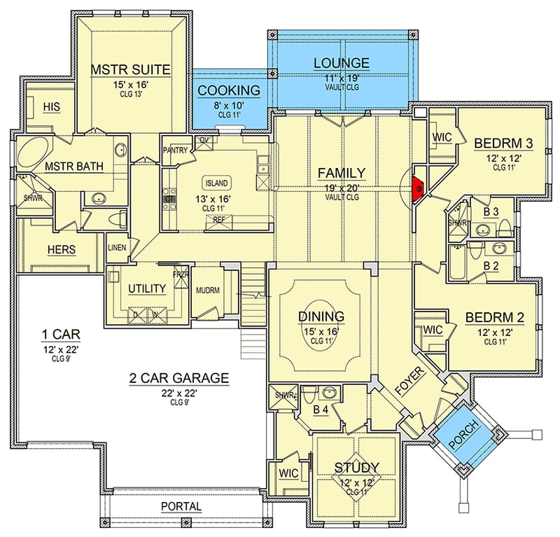Plan 36565TX: 4-Bed European House Plan with Split Beds - Floor Plan - Main Level - European, Traditional