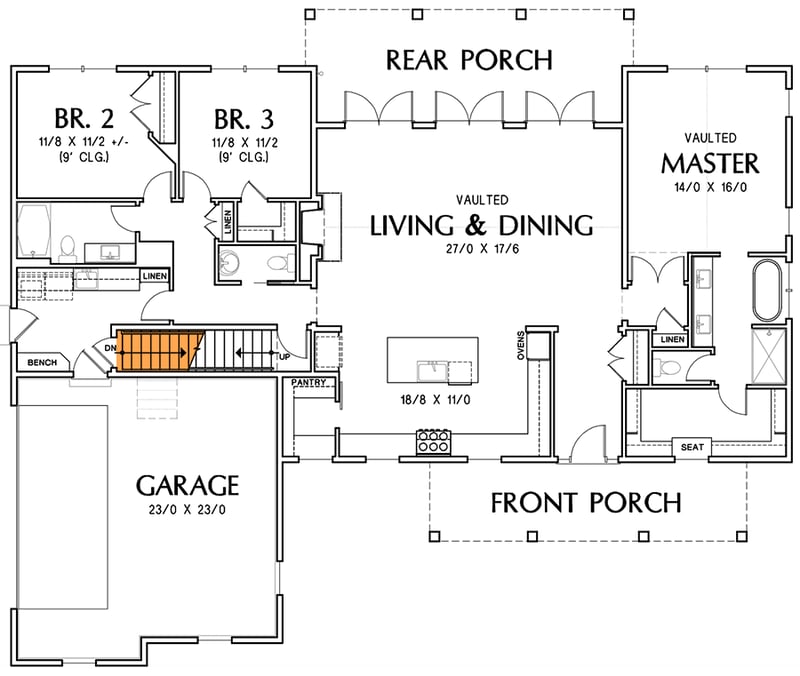 Plan 69725AM: Single-story Split-Bed Modern Farmhouse with Optional Bonus Room - Floor Plan - Basement Stairs Location - Country, Farmhouse, Modern Farmhouse, Traditional