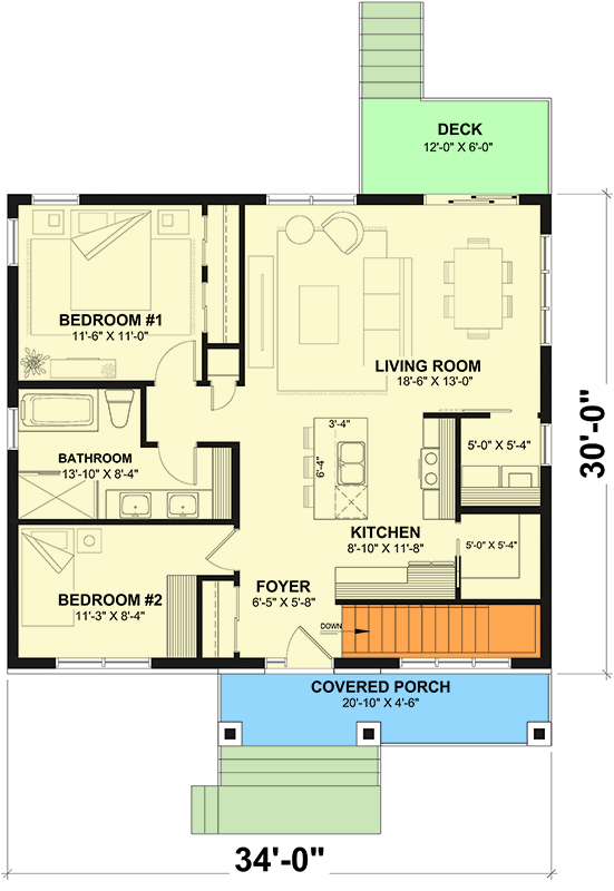Plan 22547DR: Charming Craftsman House Plan with 2 Beds and Covered Porch - Floor Plan - Main Level - Craftsman, European, New American, Northwest, Rustic