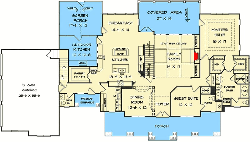 Plan 360049DK: Traditional House Plan with Bonus Over Garage and Sweeping Front Porch - Floor Plan - Main Level - Craftsman, Traditional