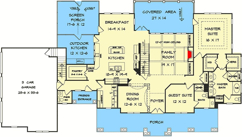 Plan 360054DK: Traditional Home Plan with Bonus Over Garage and Sweeping Front Porch - Floor Plan - Main Level - Craftsman, Traditional