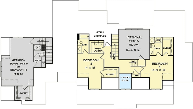 Plan 360054DK: Traditional Home Plan with Bonus Over Garage and Sweeping Front Porch - Floor Plan - 2nd Floor - Craftsman, Traditional