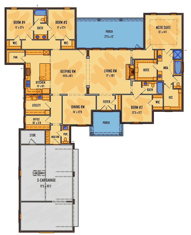 Plan 510057WDY: Acadian House Plan with 3-Car Courtyard Garage - Floor Plan - Main Level - Acadian, European, French Country, Louisiana-Style, Southern, Traditional