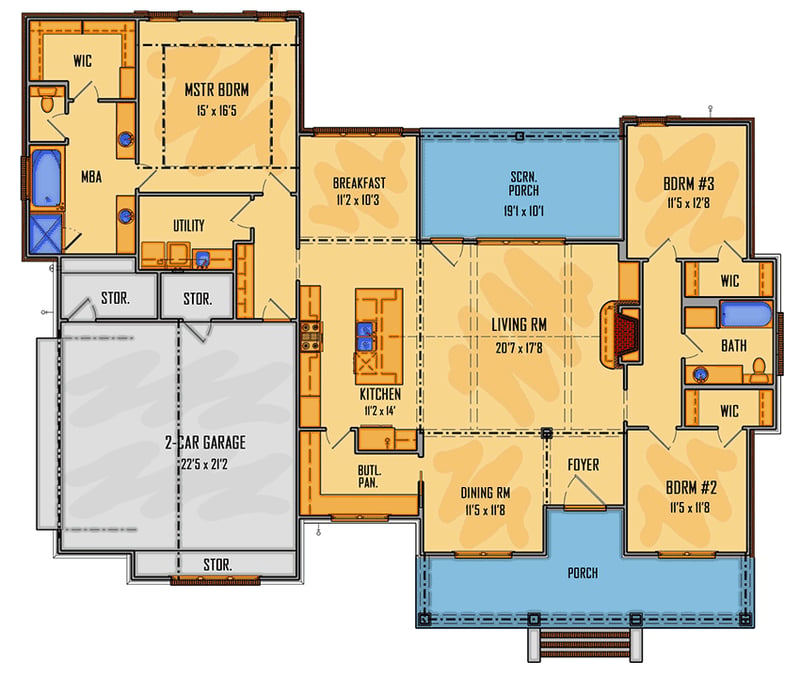 Plan 510062WDY: Split Bedroom House Plan with Large Walk-Through Pantry - Floor Plan - Main Level - Acadian, Cottage, Country, Louisiana-Style, Southern, Traditional