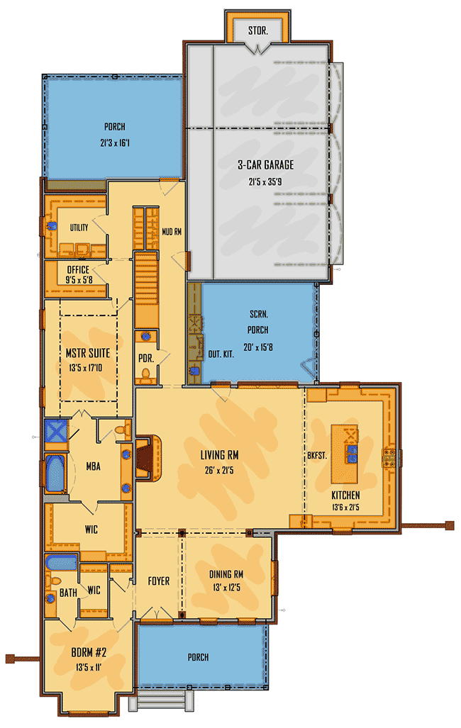 Plan 510072WDY: Magnificent Acadian House Plan with Screened Porch - Floor Plan - Main Level - Acadian, French Country, Louisiana-Style, Southern